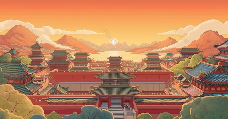 红色橙色渐变大气国潮风插画故宫远山祥云,插画/手绘图,插画/手绘图库,插画/手绘图下载,插画/手绘
